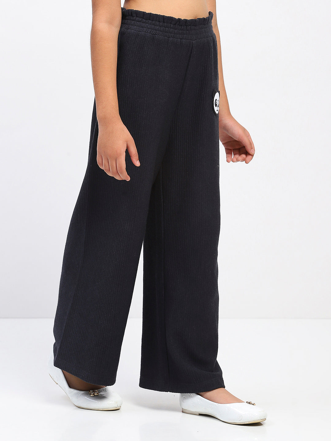 Girls Black Wide-Leg Pants with Panda Patch
