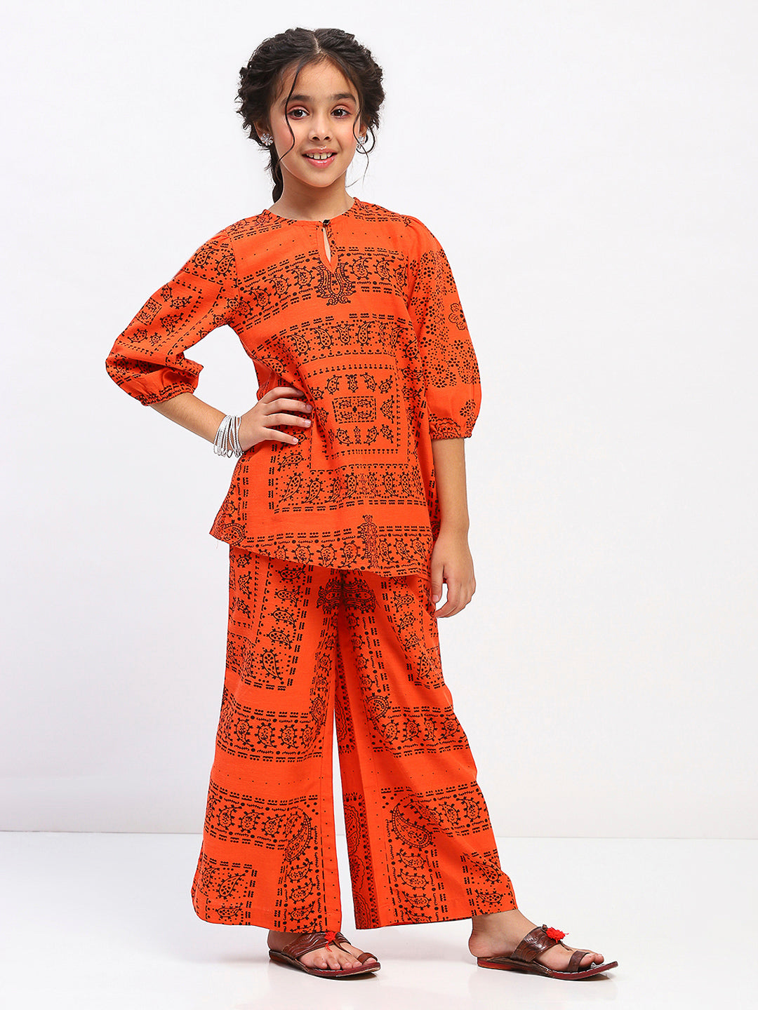Girls Orange Cotton Tribal Print Ethnic Kurta & Pant Set