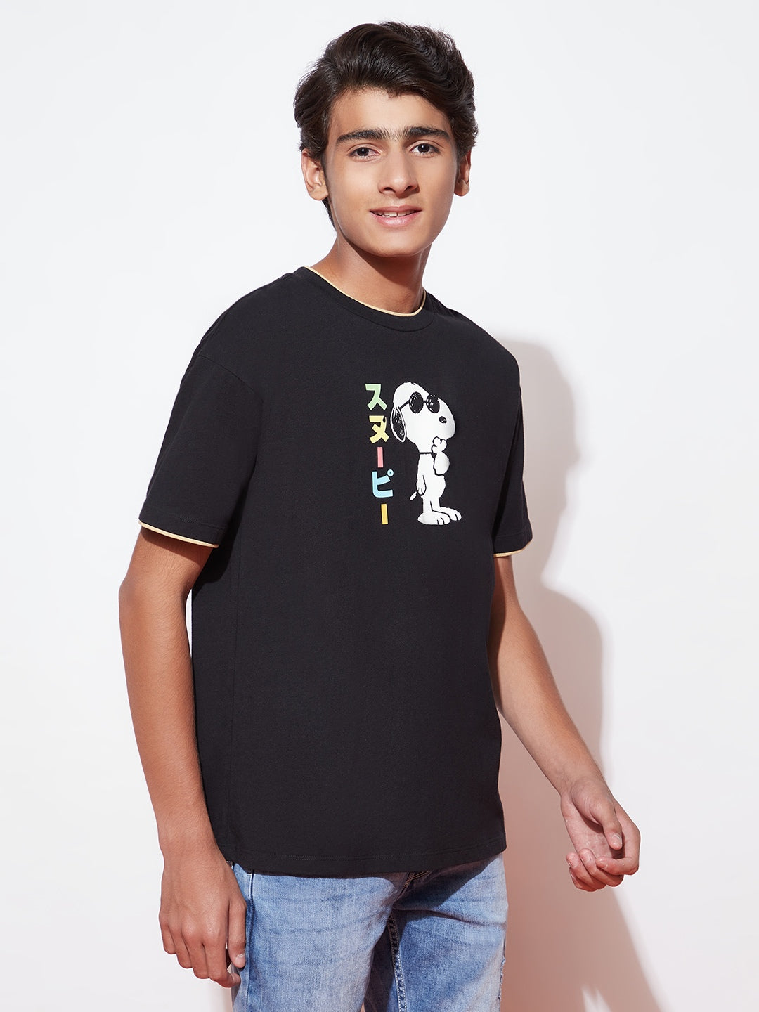 Snoopy Half Sleeve Black Oversized T-Shirt