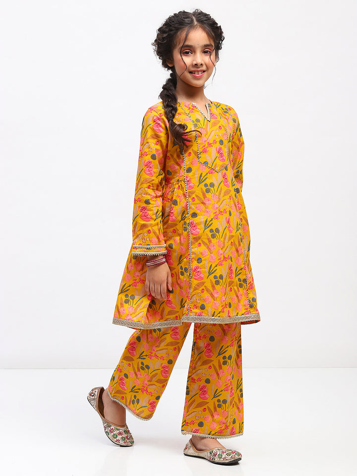 Girls Yellow Floral Print Ethnic Kurta and Palazzo Set