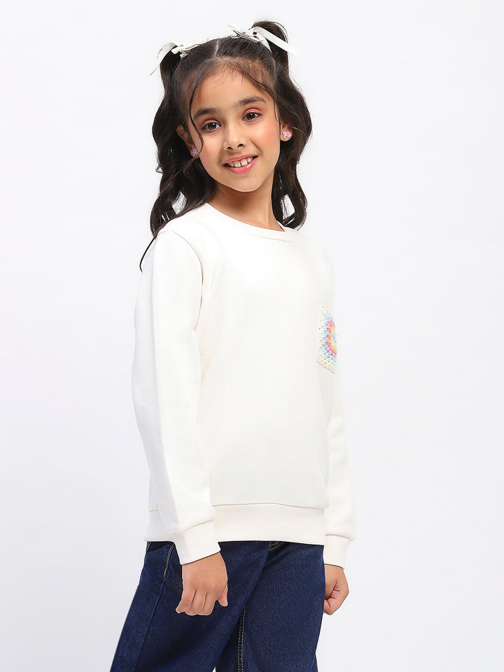 Girls White Embroidered Floral Pocket Sweatshirt