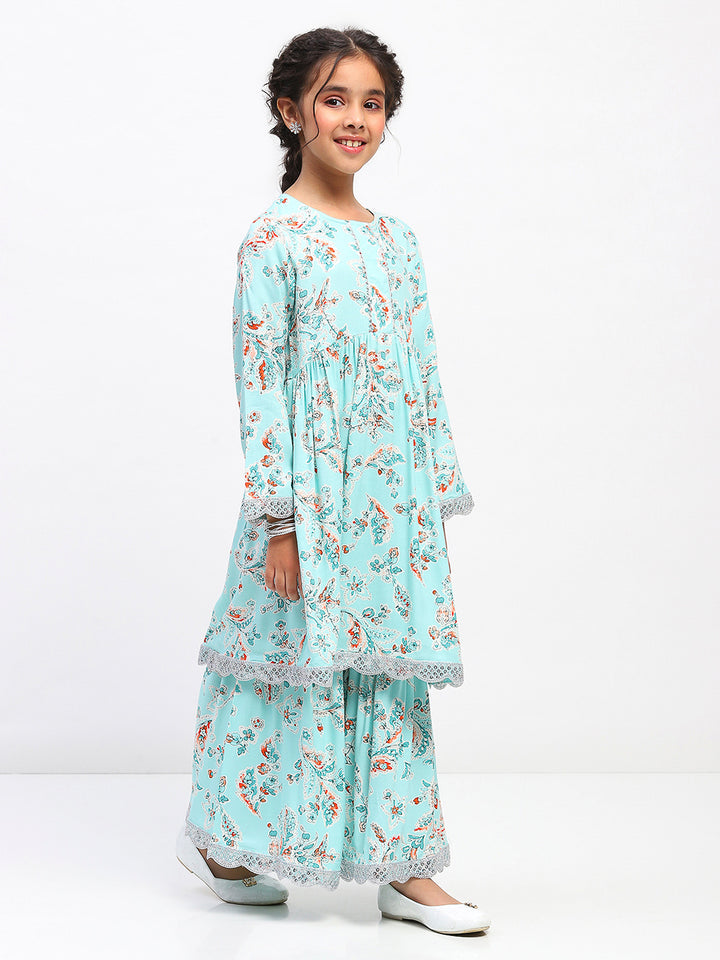 Girls Floral Print Ethnic Tiered  Kurta and Sharara Set
