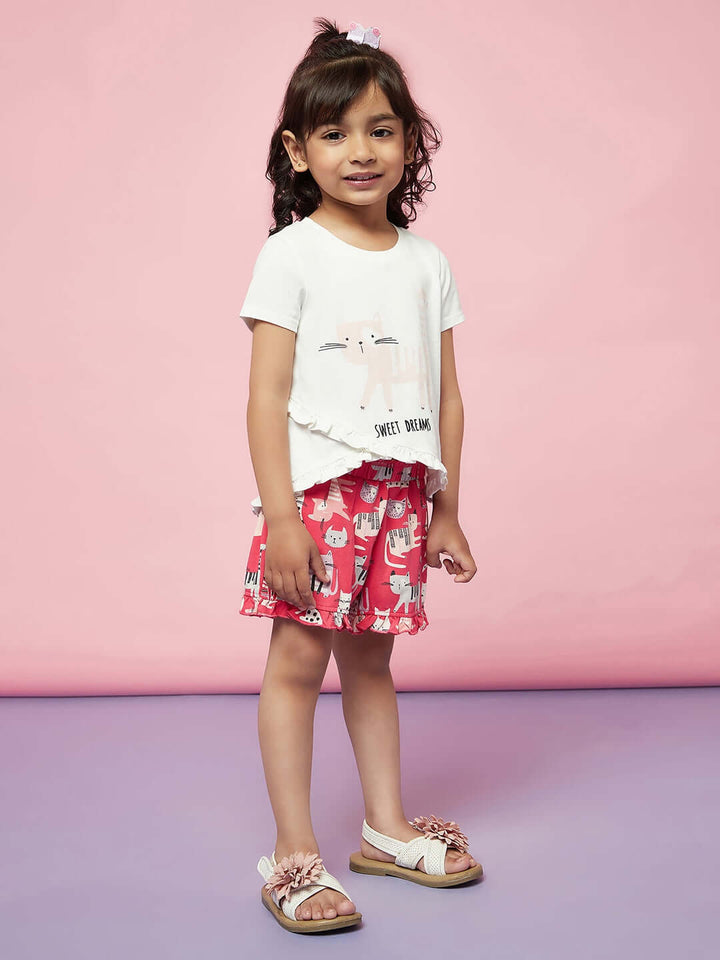 Kid Girl Cat Print Night Suit Girls