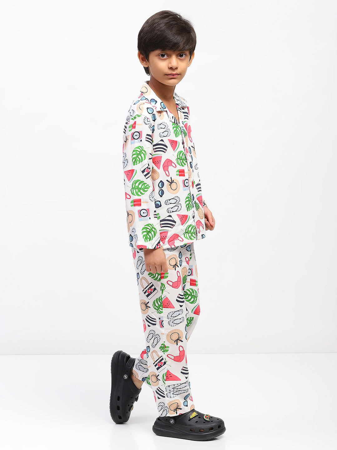 Boys White Collar Neck Printed Nightwear Co-Ord Set