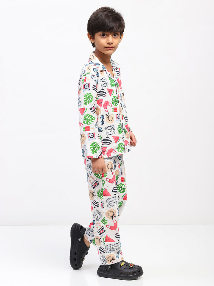 Boys White Collar Neck Printed Nightwear Co-Ord Set