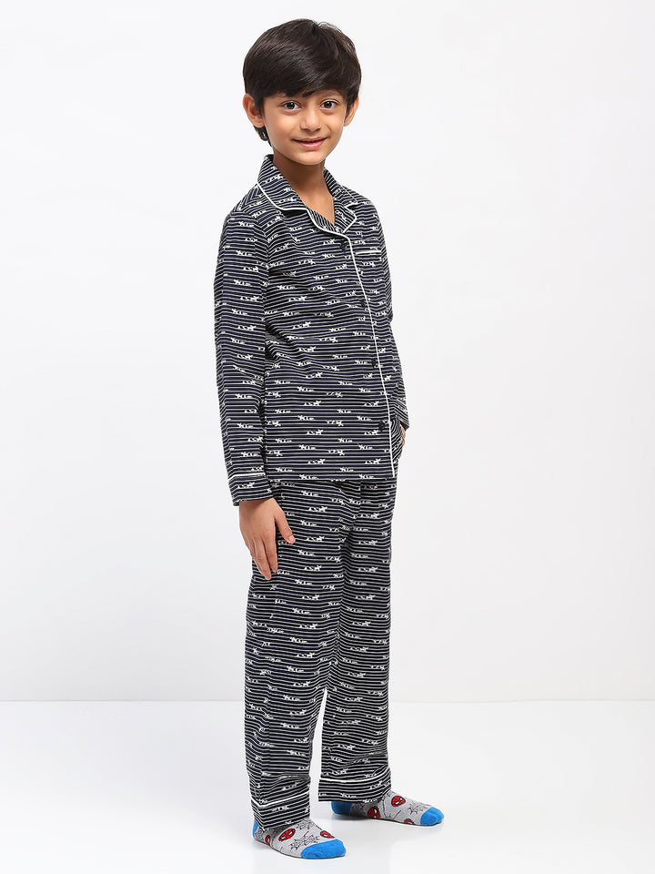 Boys Black Printed Night Suit Shirt & Pyjama Set