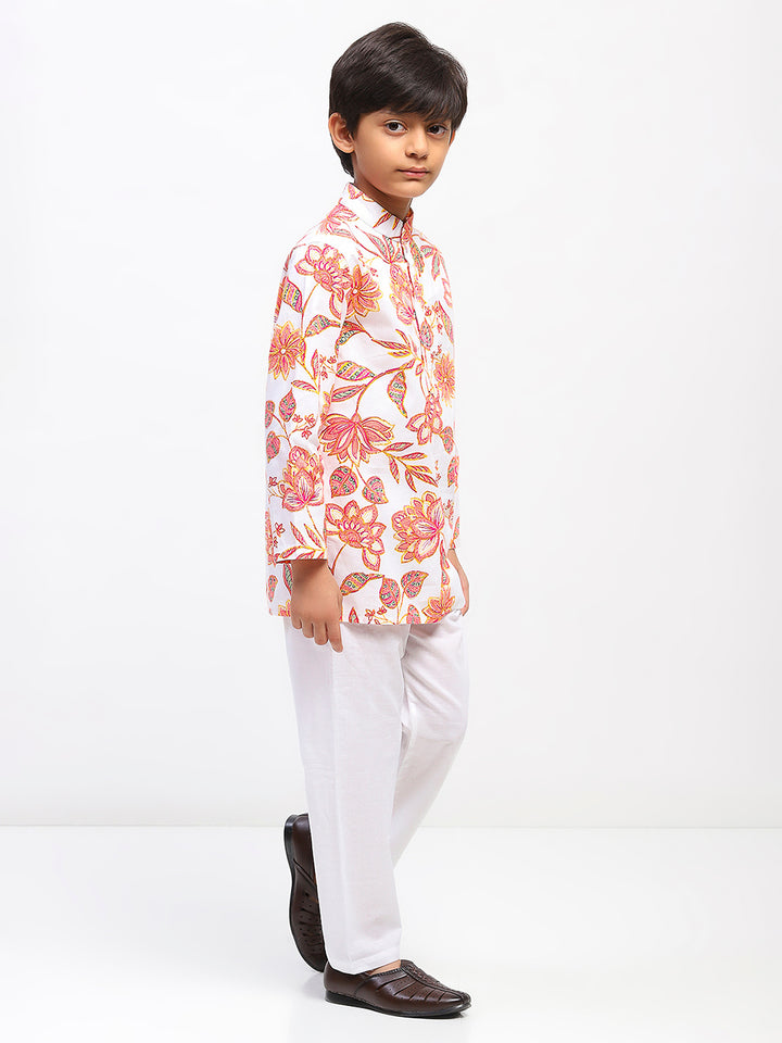 Boys Cotton Floral Print  Ethnic Kurta Pajama Set