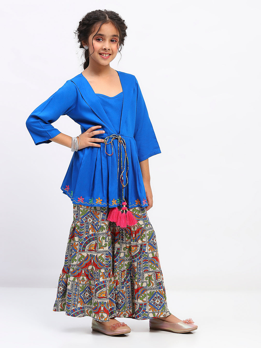Girls Royal Blue Ethnic Peplum Tunic and Sharara Set