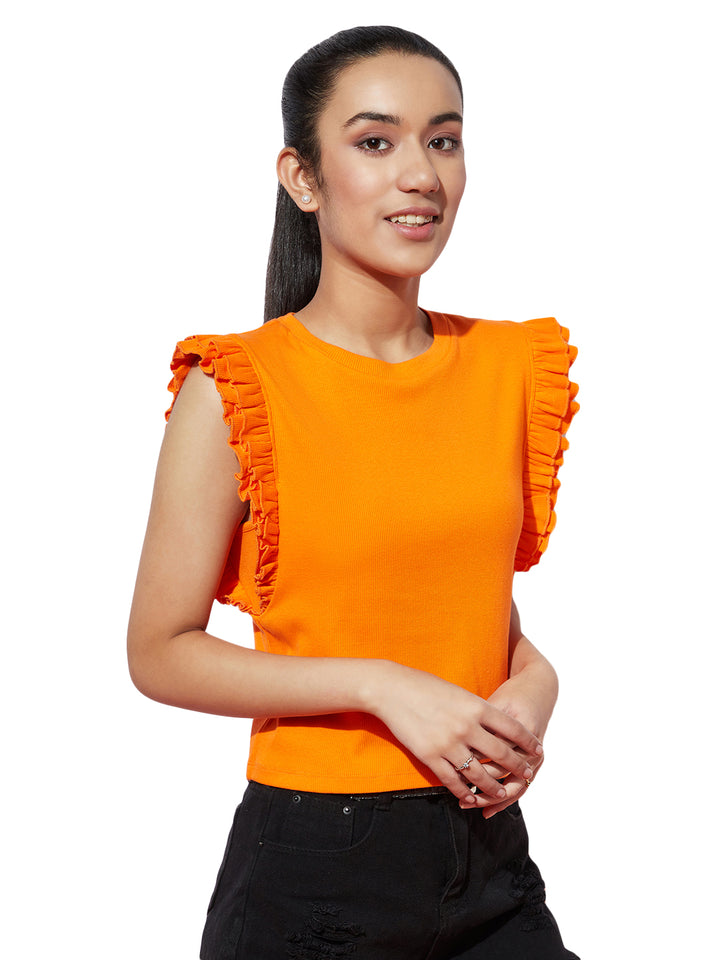 Combo of 3 Ribbed Solid Cotton Top with Round Neck and Ruffled Sleeves