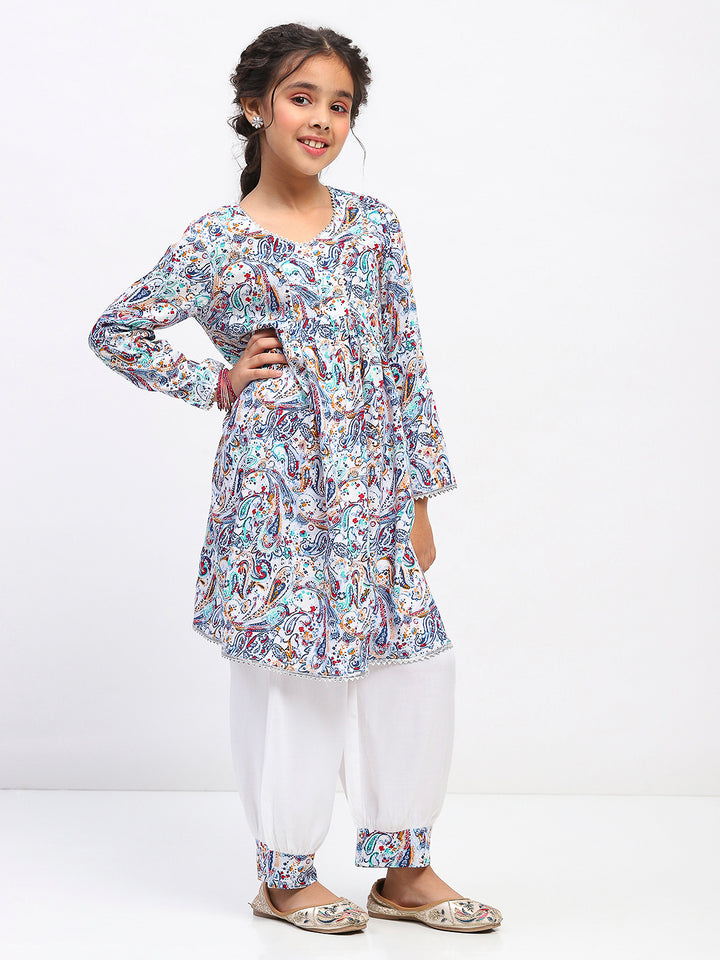 Girls Full Sleeve Paisley Print Ethnic Kurta and Bottom Set