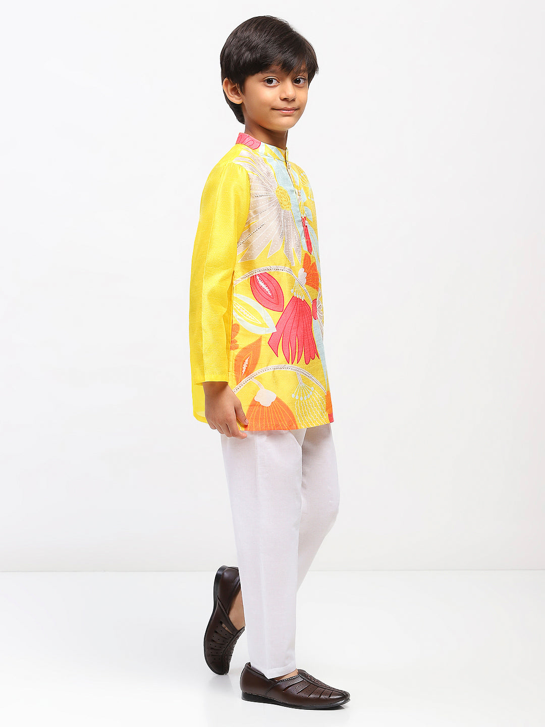 Boys Yellow Cotton Printed Ethnic Kurta Pajama Set