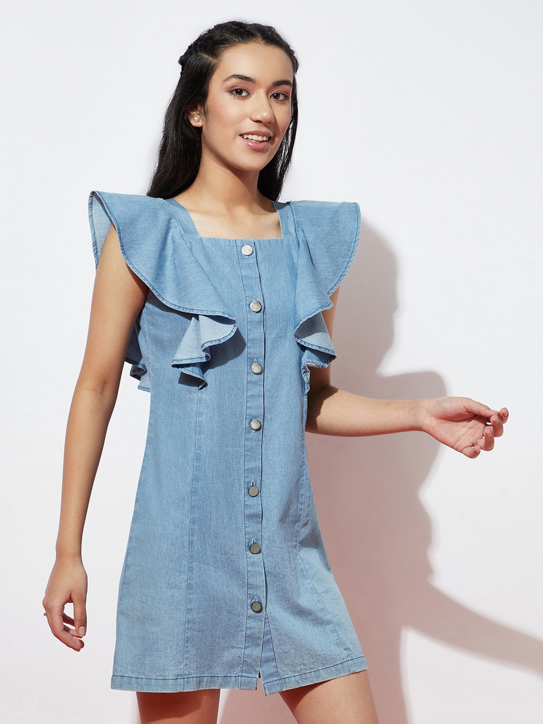 Denim Flutter Sleeve Dress