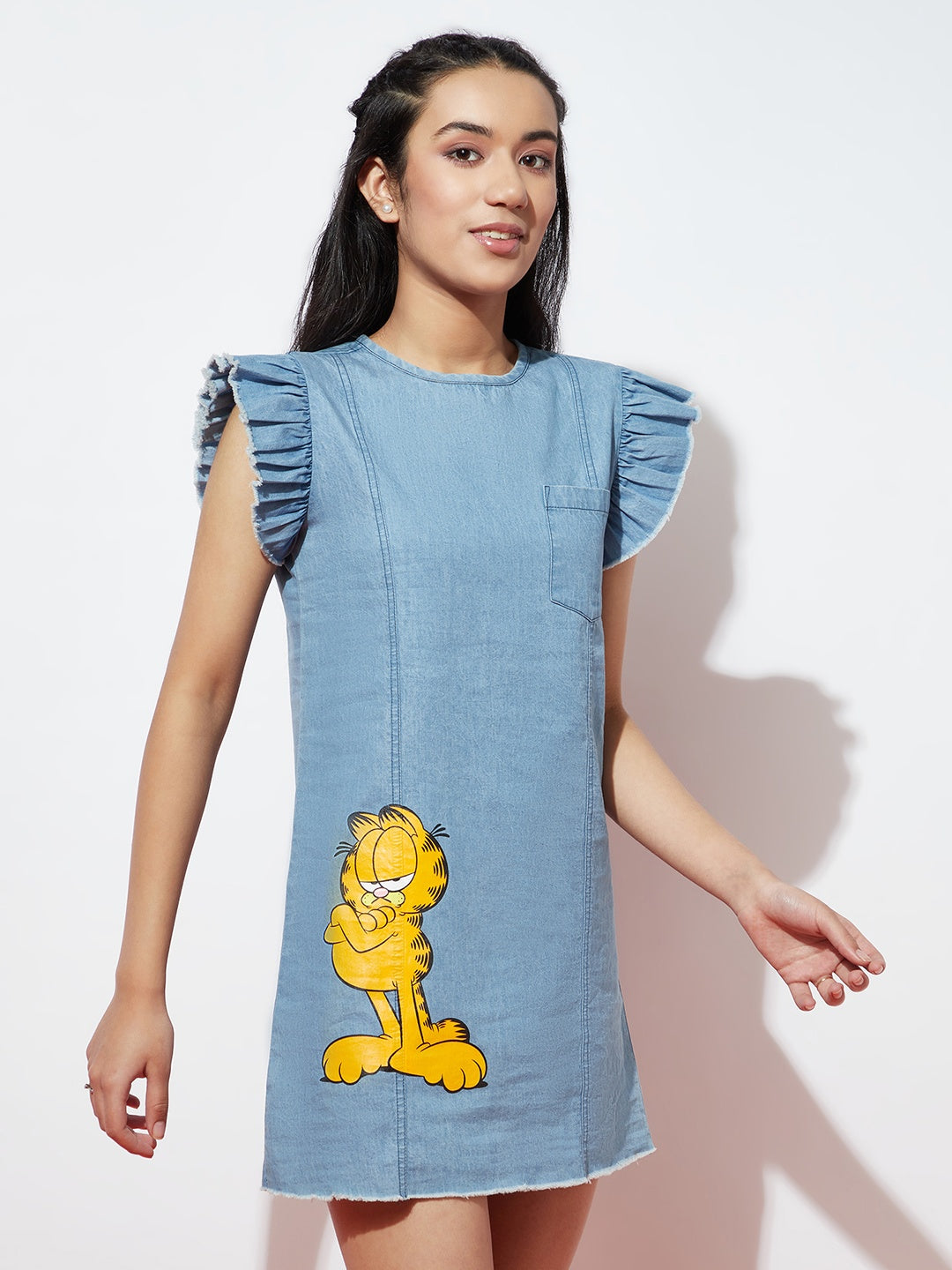 Ice Blue Denim Fringed Sleeve with Garfield Print