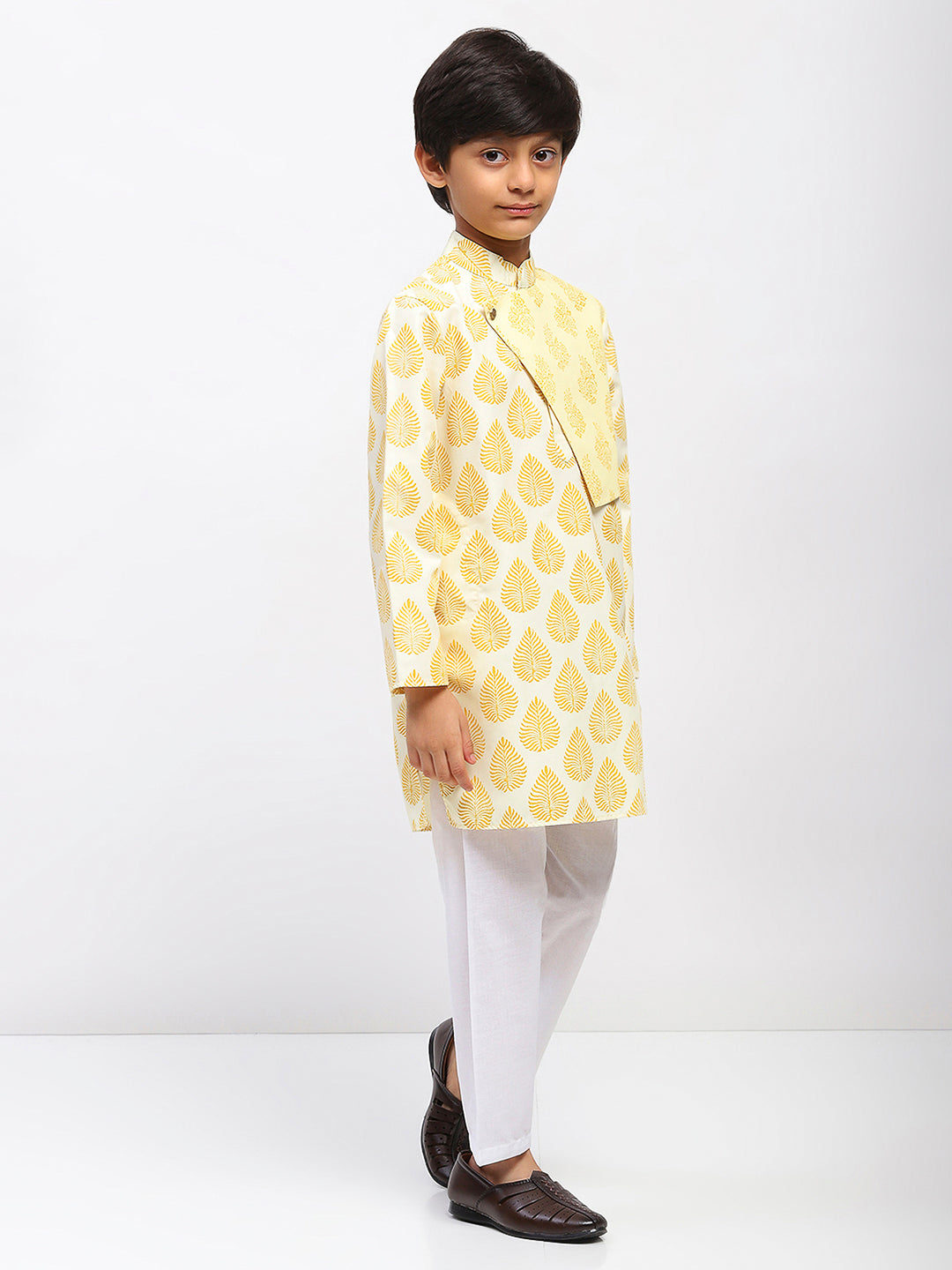 Boys White Poplin Cotton Printed Ethnic Kurta Pajama Set