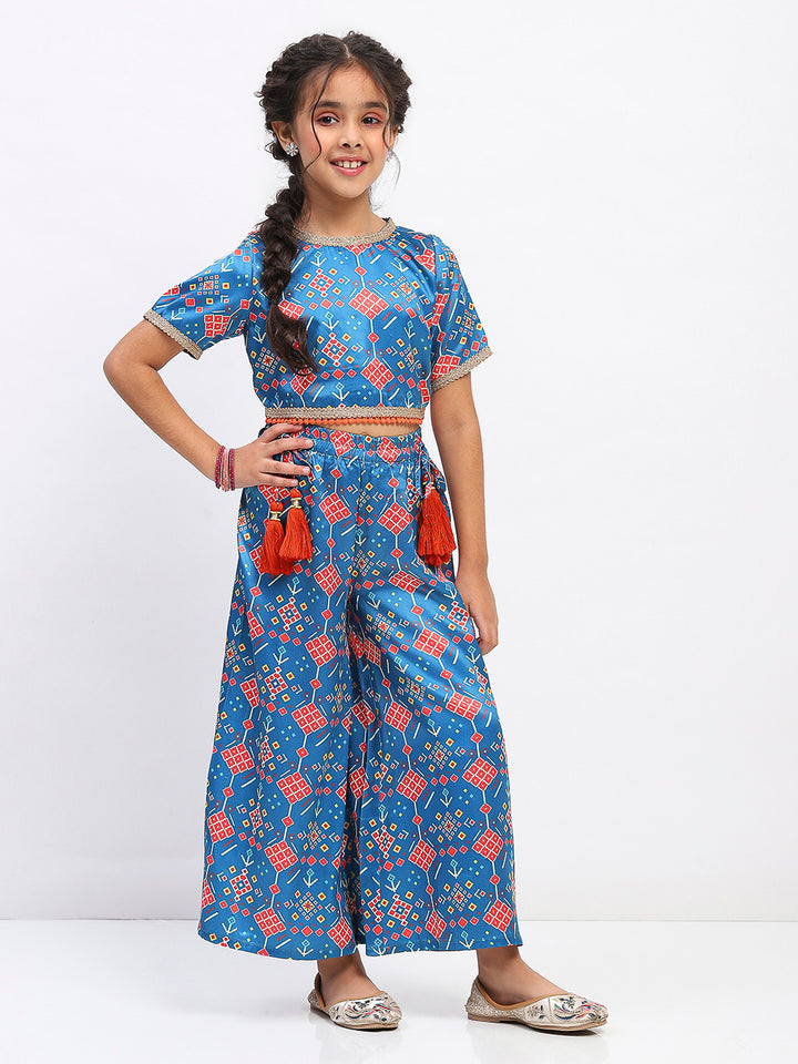 Girls Blue Printed Ethnic Top and Palazzo Set