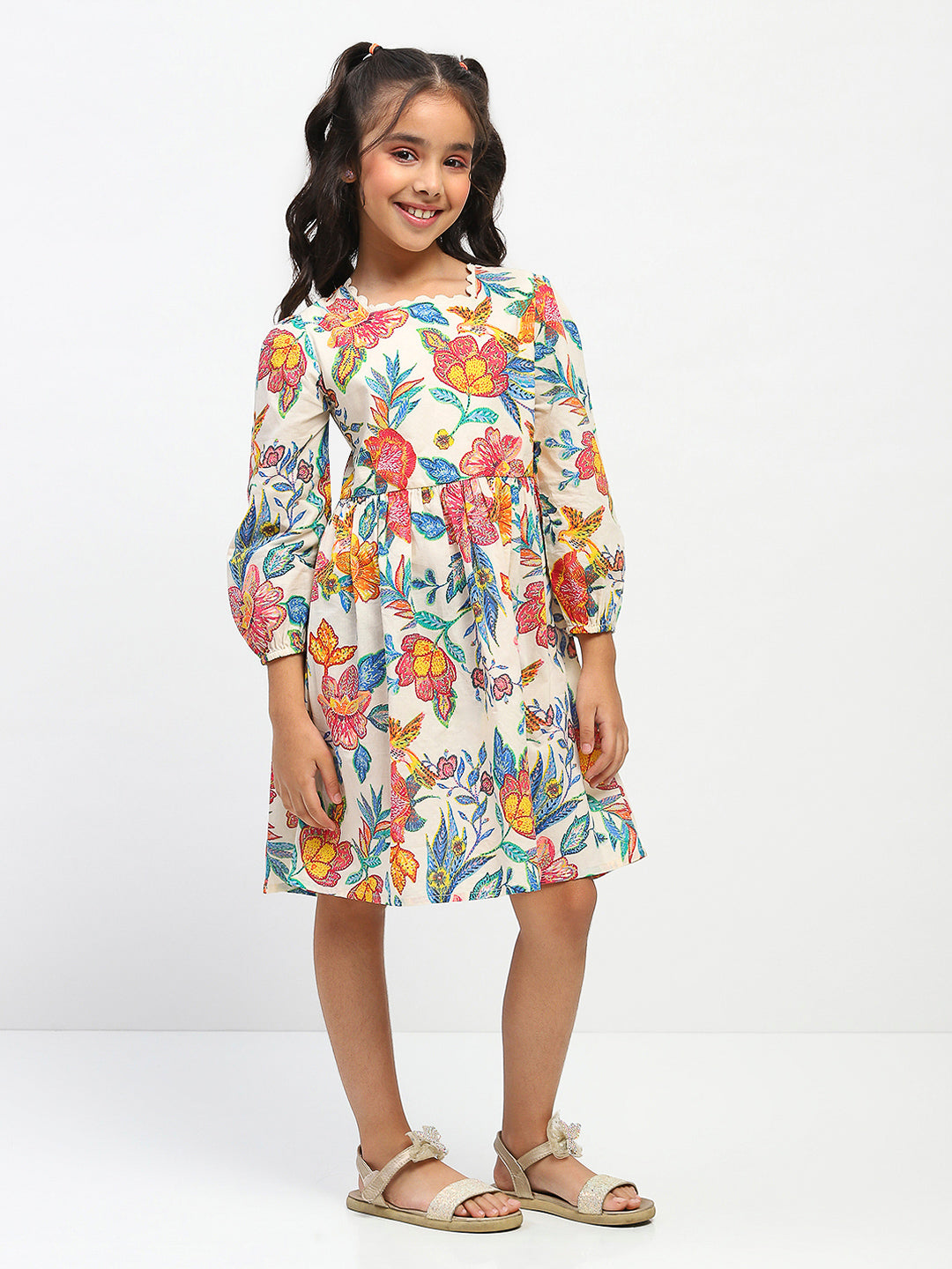 Girls MultiColor Collar Neck Floral Printed Dress