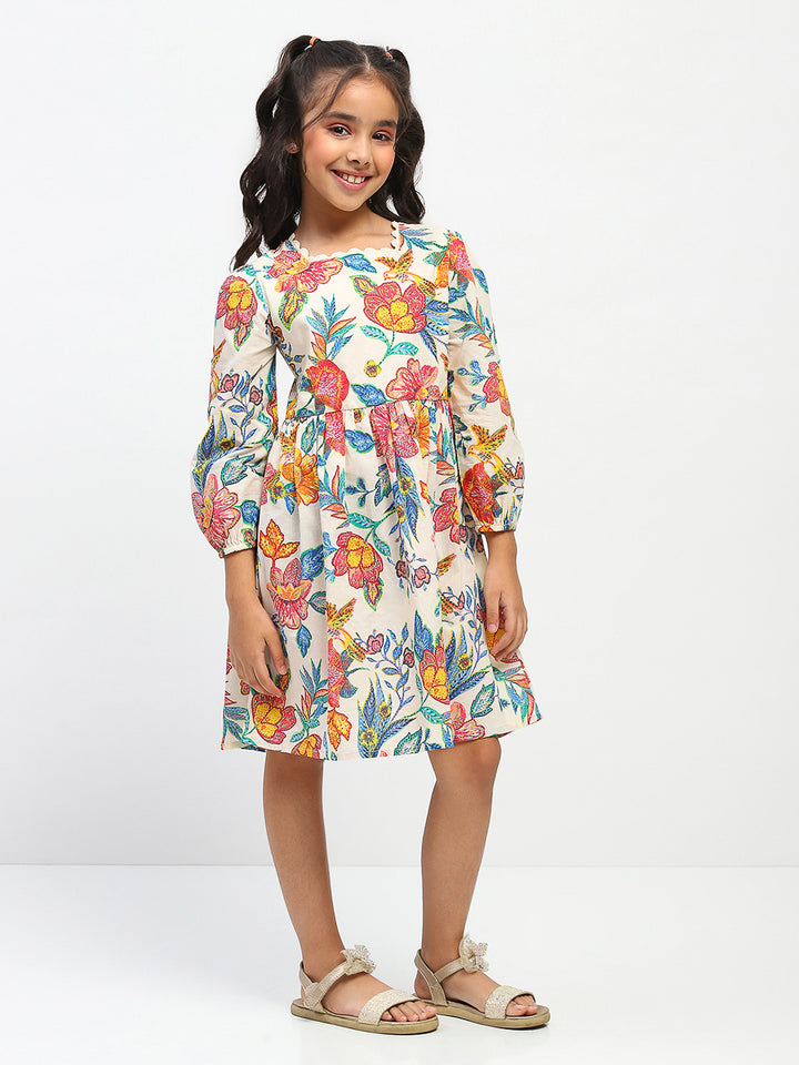 Girls MultiColor Collar Neck Floral Printed Dress