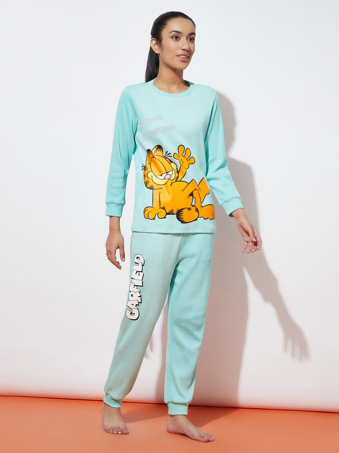 Teen Girls Green Garfield Waffle Night Suit