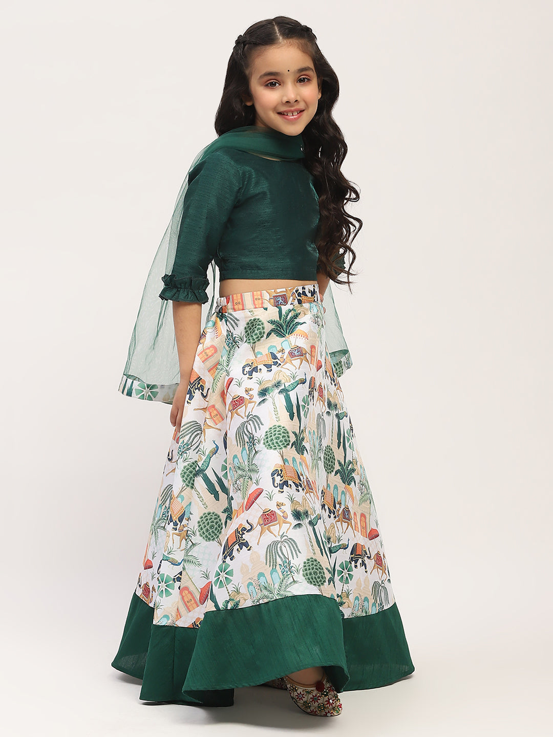 Spunkies White Printed Lehenga with Green 3/4th Sleeve Top Set