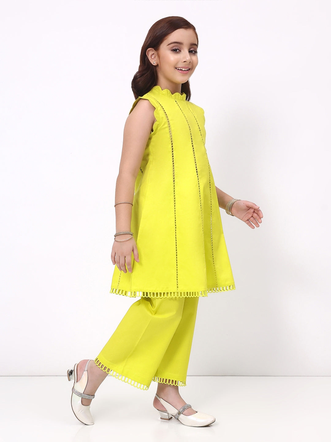 Girls Lime Green Ethnic Sleeveless Kurta with Palazzo Co-Ord Set