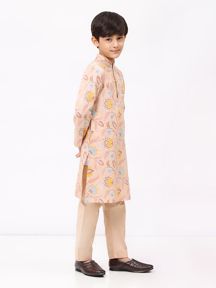 Boys Peach Floral Printed Ethnic Kurta Set