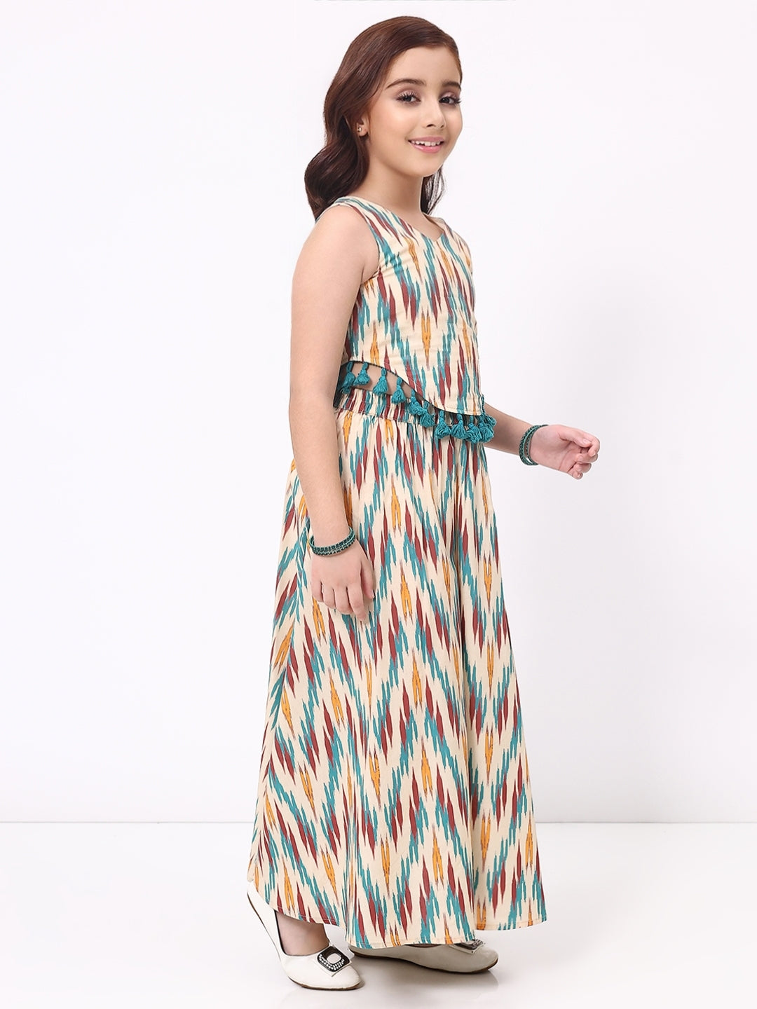 Girls Multicolor Ethnic Printed Sleeveless Top And Skirt Set