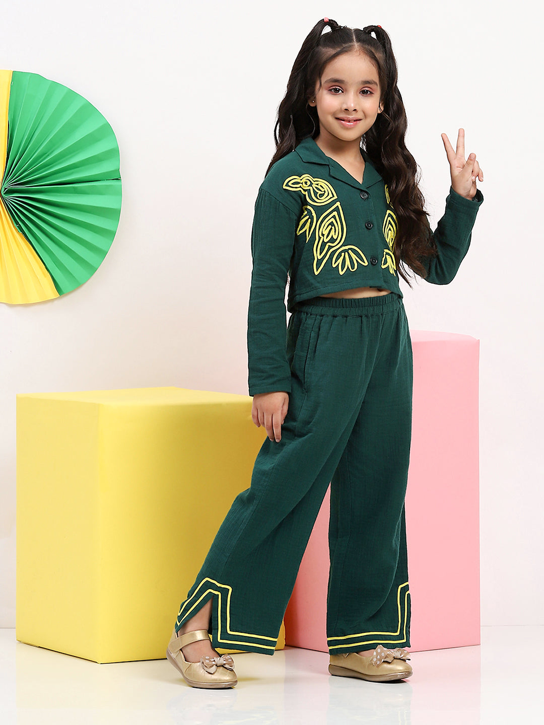 Spunkies Cotton Gauze Knit Embroidery Regular Casual Wear Set Girls Full Sleeve Green Soft Fabric