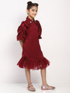 Girl's Maroon Collared Pleated Tulle Cap Sleeve Dress