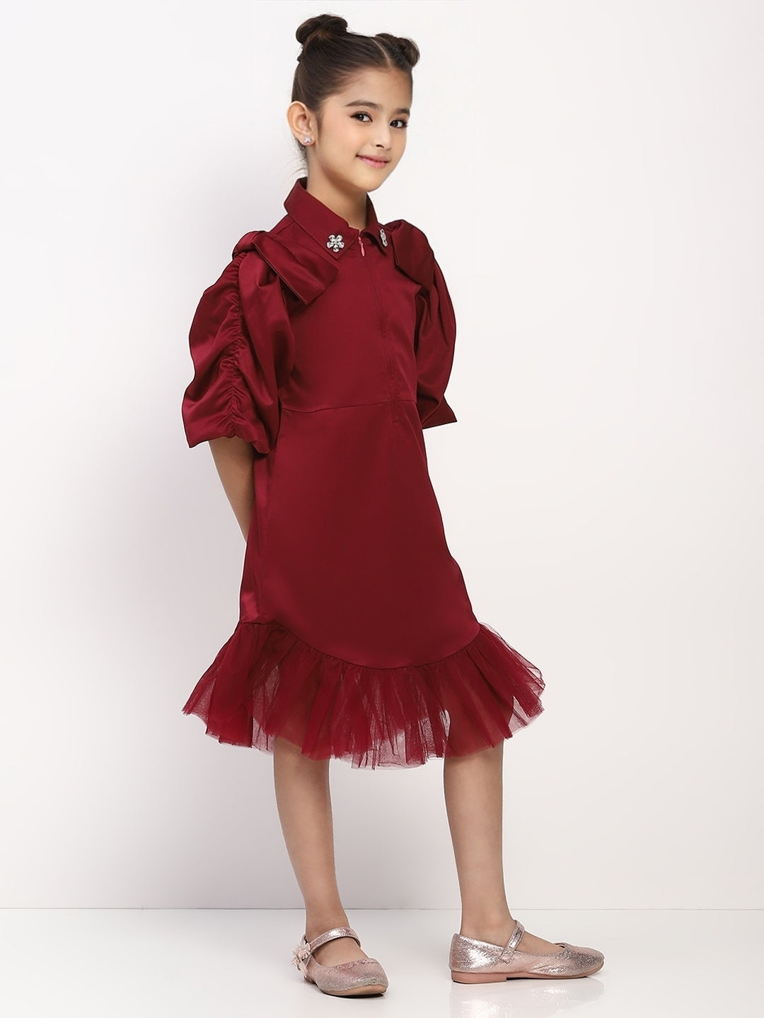 Girl's Maroon Collared Pleated Tulle Cap Sleeve Dress