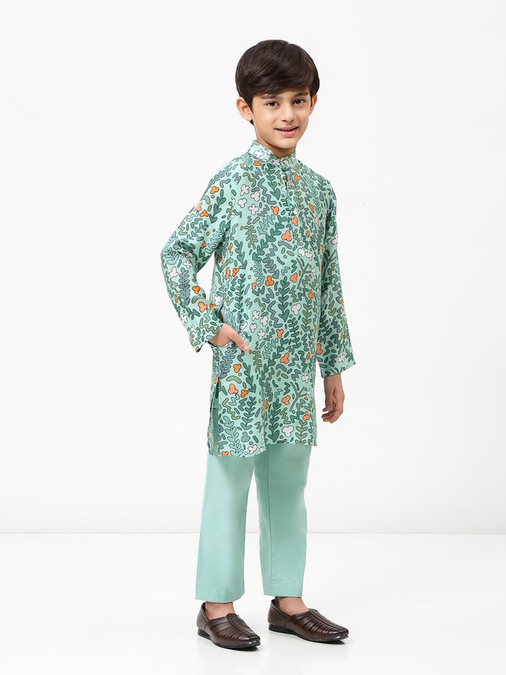 Boys Cotton Chanderi Green Printed Kurta Set