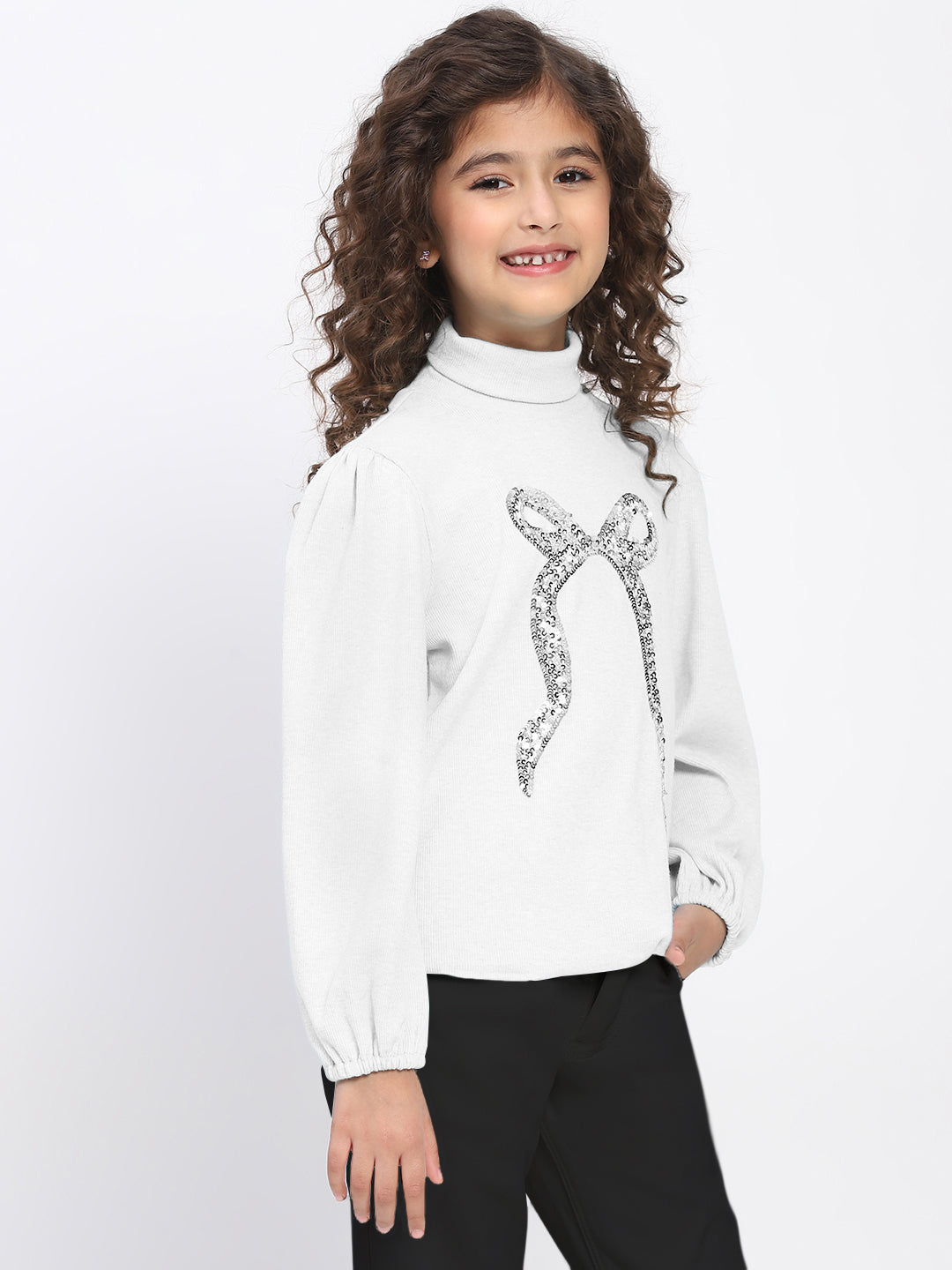 Girl's White Ribbed Puff Sleeve Sequin Bow Top