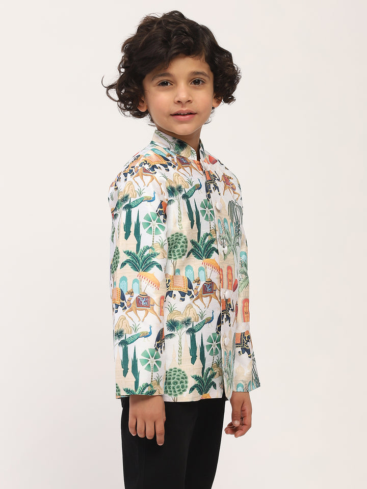 Spunkies White  Elegant Floral Printed Kids Ethnic Jacket