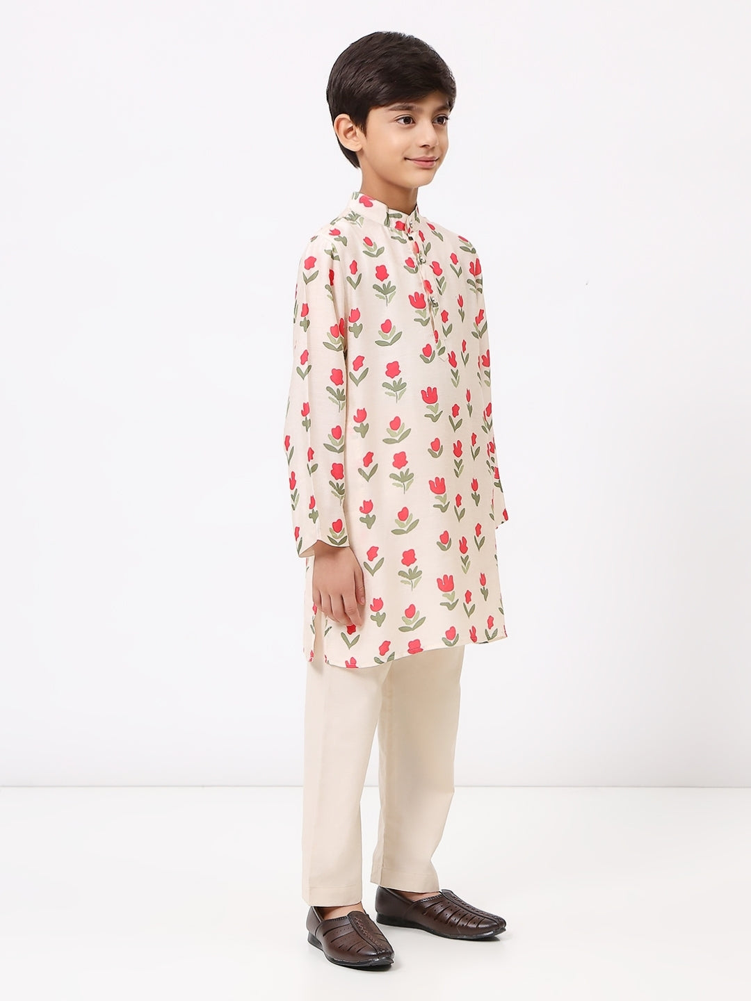 Boys Cotton Chanderi Cream Floral Printed Kurta Set