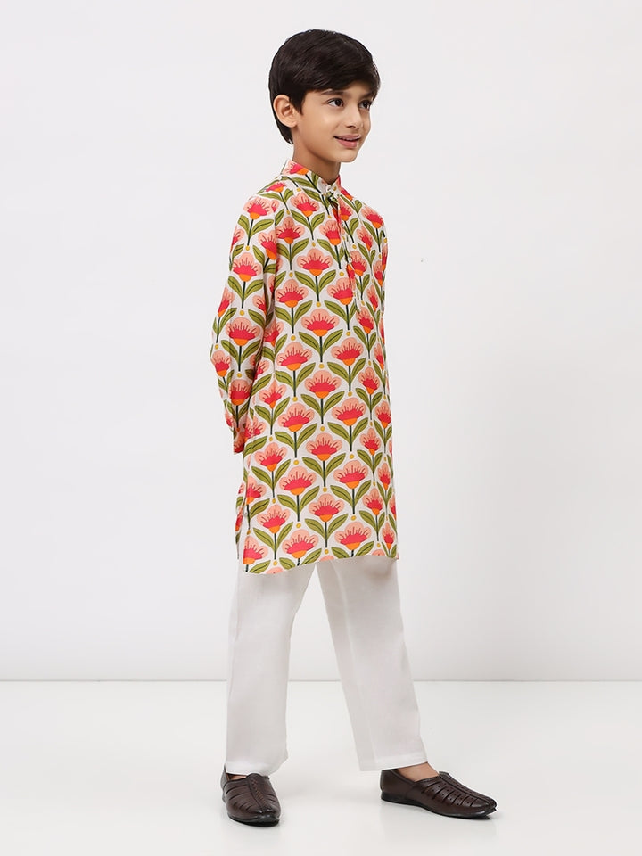 Boys Cotton Chanderi White Floral Printed Kurta Set
