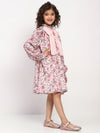 Girls Rose Pink Floral Printed Bishop Sleeves Bow Dress
