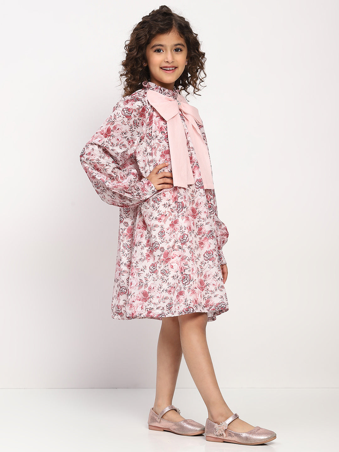 Girls Rose Pink Floral Printed Bishop Sleeves Bow Dress