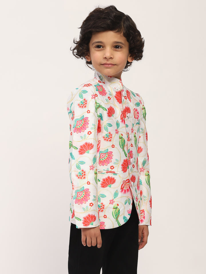 Spunkies white Elegant Floral Print Kids Ethnic Jacket with Mandarin Collar