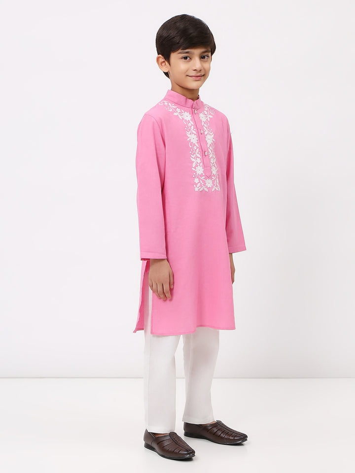 Boys Cotton Linen Pink Embroidered Kurta Set