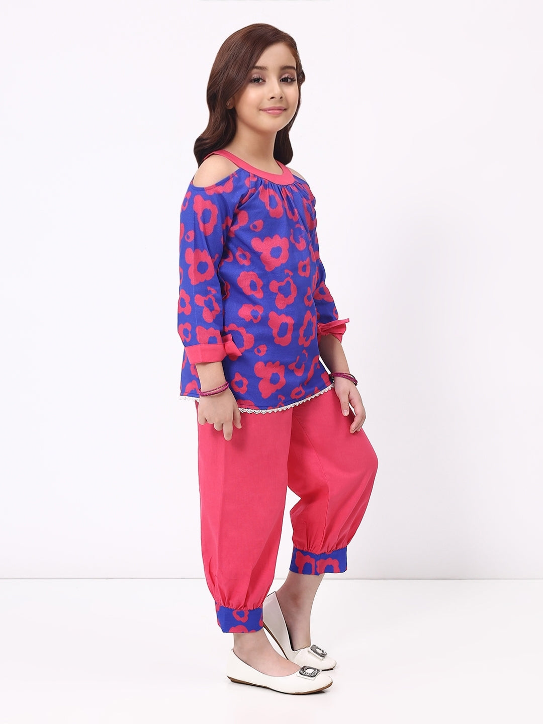 Girls Cotton Linen Blue Printed  Ethnic Co-Ord Set