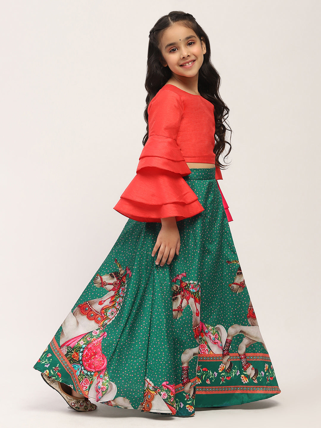 Spunkies Girls Green Printed Lehenga with Orange Bell-Sleeve Top Set