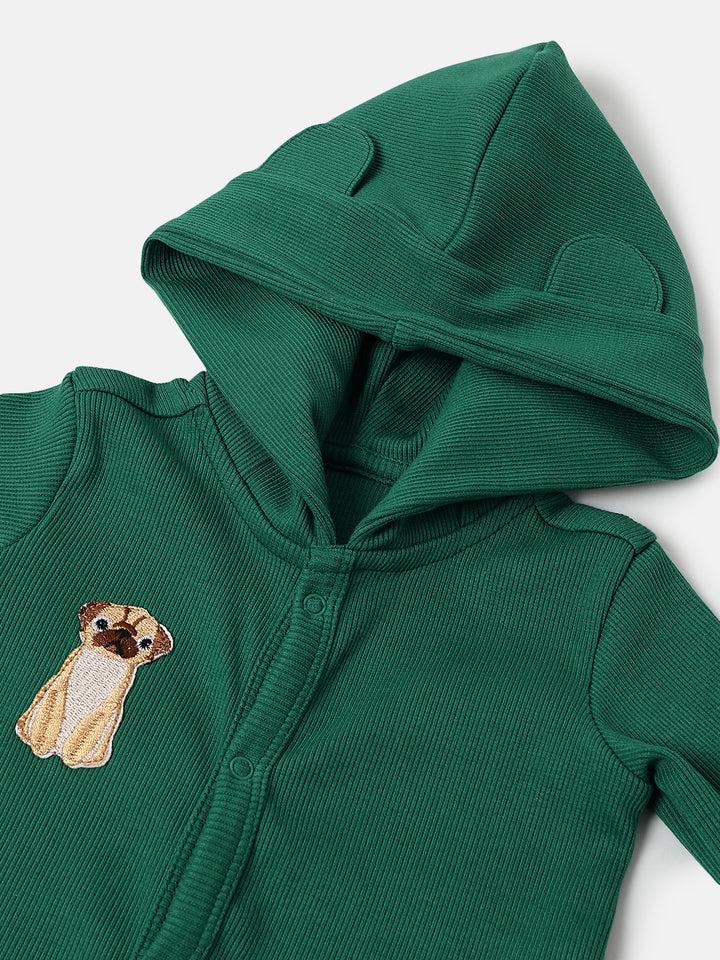 Infant Green Hooded Romper with Dog Patch