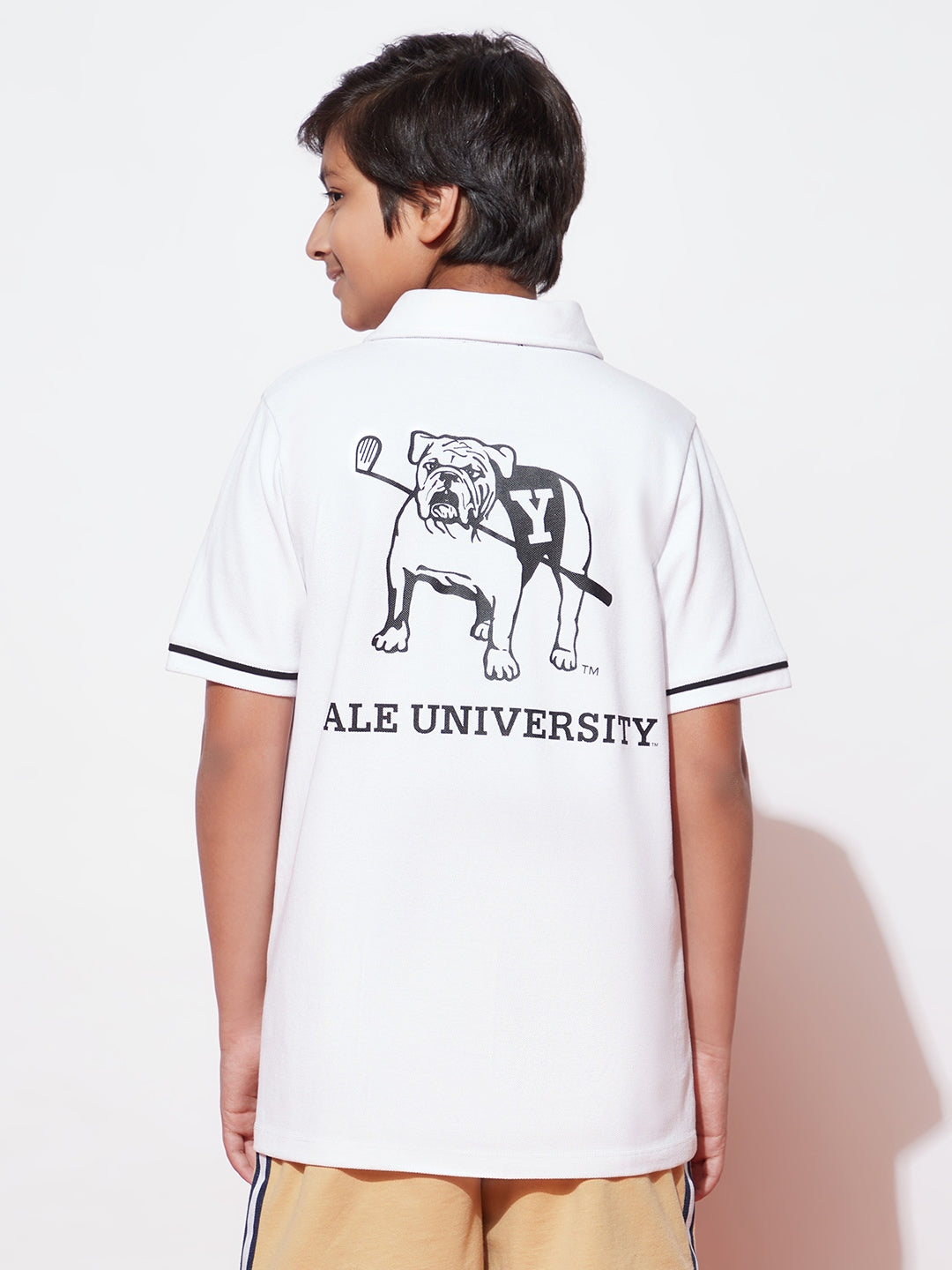 Teen Boys' White Polo Collared Yale T-Shirt and Beige Shorts Set