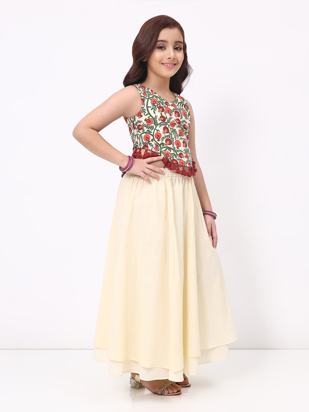 Girls Cream Printed Sleeveless Ethnic Top And Skirt Set