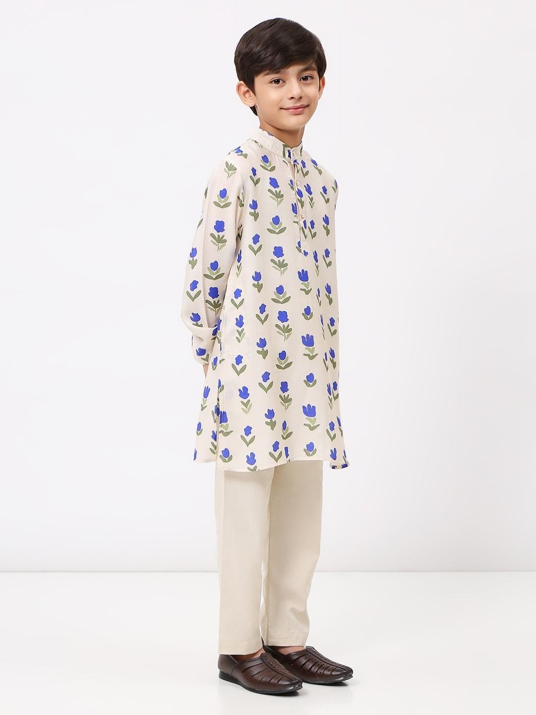 Boys Cotton Chanderi White Floral Printed Kurta Set