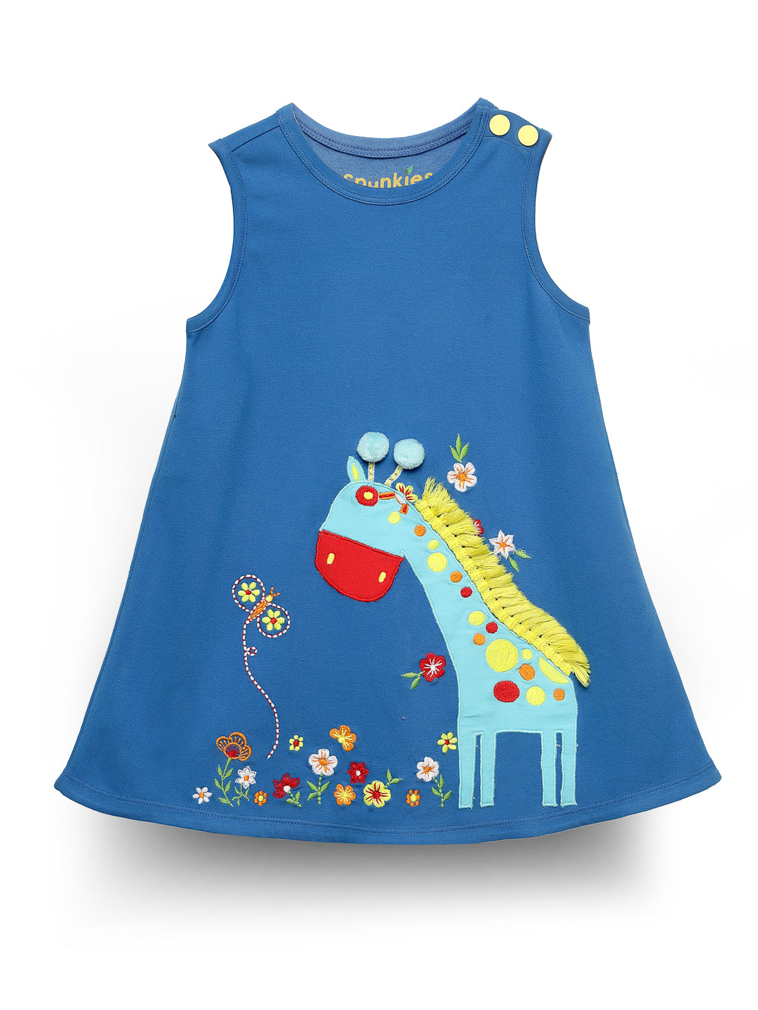 Girls' Blue Sleeveless Dress with Playful Giraffe Embroidery
