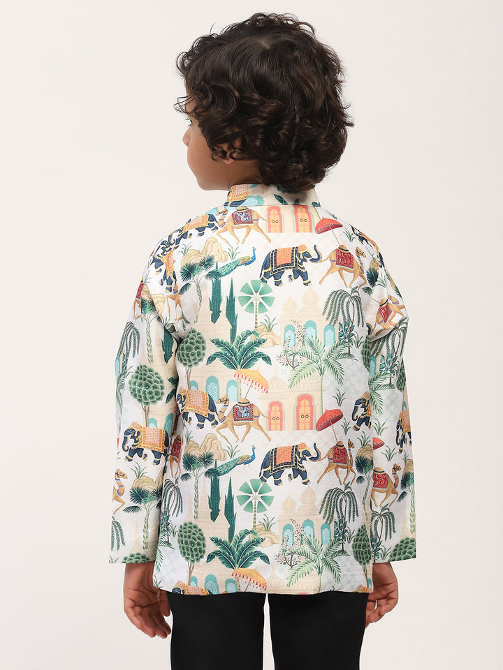 Spunkies White  Elegant Floral Printed Kids Ethnic Jacket
