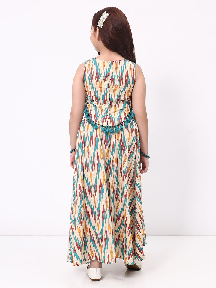 Girls Multicolor Ethnic Printed Sleeveless Top And Skirt Set