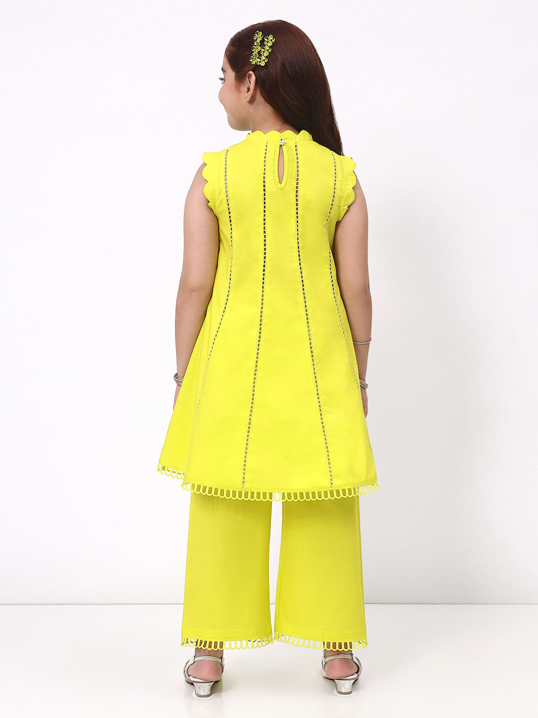 Girls Lime Green Ethnic Sleeveless Kurta with Palazzo Co-Ord Set