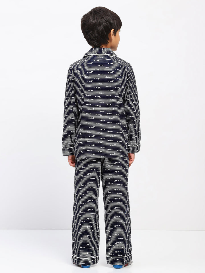 Boys Black Printed Night Suit Shirt & Pyjama Set