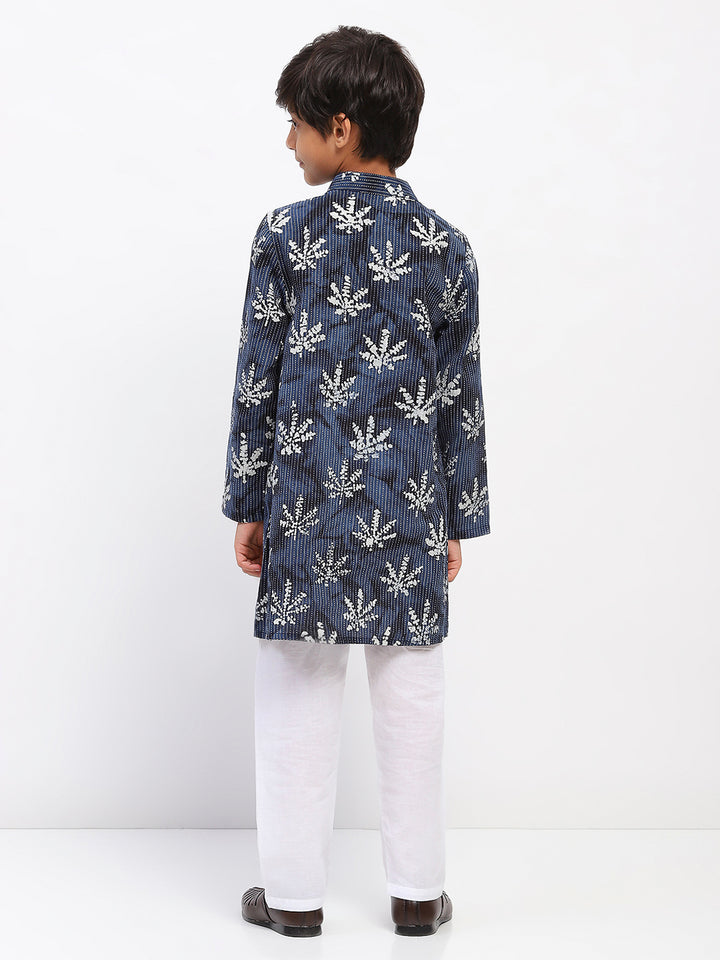 Boys Blue Cotton Printed Ethnic Kurta Pajama Set